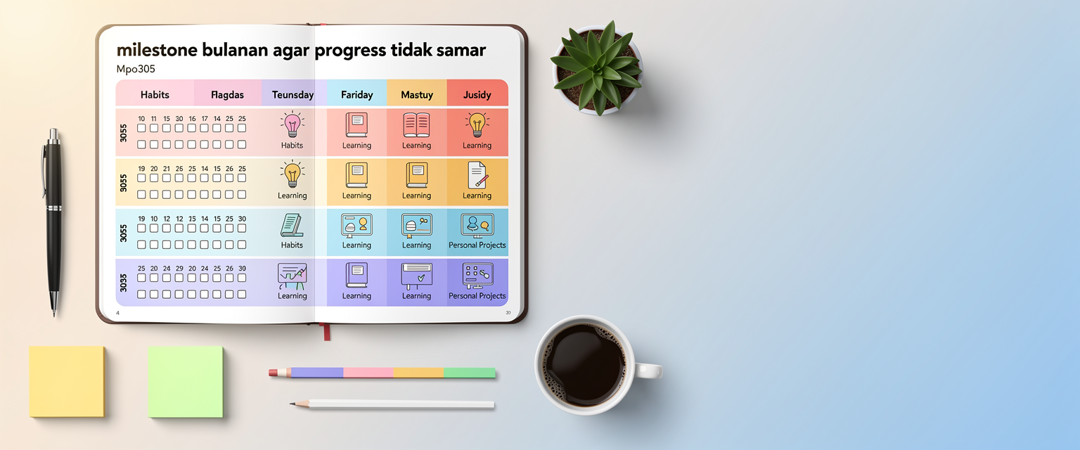 Ilustrasi milestone bulanan agar progres tidak samar untuk Mpo305 dengan tema jurnal 305 hari untuk habit, belajar, dan proyek pribadi yang panjang.